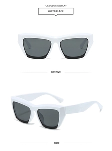 Front and side view of white cat-eye sunglasses with contrast black lenses