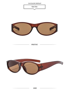 Detail view of oval tea-colored sunglasses with retro thick resin frame and wide temples