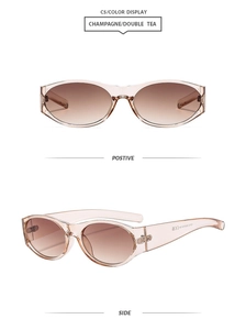 Front and side views of champagne oval sunglasses with double tea gradient lenses