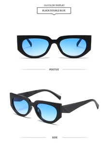 Front and side view of black cat-eye sunglasses with gradient blue lenses and wide temples