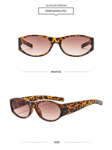 Front and side view of oval tortoise sunglasses with brown gradient lenses and retro frame