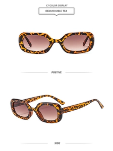 Detail view of square leopard print sunglasses with gradient tea lenses in C7 colorway