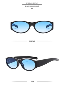 Detail view of oval retro sunglasses in black frame with double blue gradient lenses