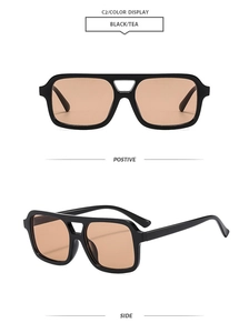Front and side view of square double-bridge pilot sunglasses with black frame and tea lenses