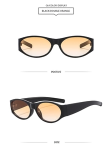 Retro oval sunglasses with black frames and orange gradient lenses in front and side views