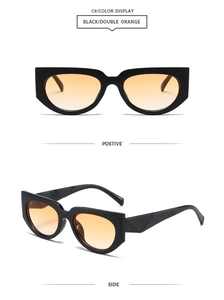 Detail view of retro square black frames with double orange gradient lenses in 45-degree angle