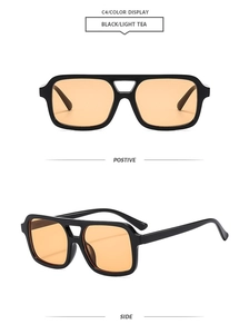 Front and side view of square aviator sunglasses with black frame and light tea lenses