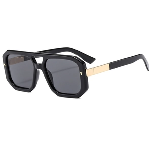 Retro square double bridge pilot sunglasses with black frame and gold metal hinges