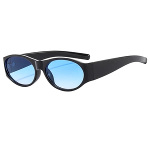 Retro oval sunglasses with glossy black frames and gradient blue lenses in 45-degree view