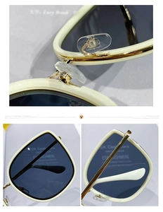 Detailed macro view of cream acetate frame, silicone nose pads, and metal hinges of sunglasses