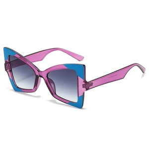 Fashion butterfly cat-eye sunglasses with purple gradient lenses and blue geometric frame