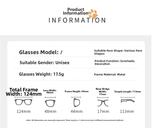 Detailed size chart for kids metal sunglasses showing 124mm frame width and measurements