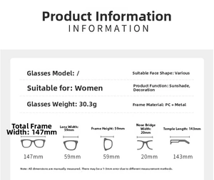 Detailed size chart and technical specifications for these fashion oversized sunglasses