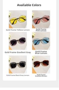 Grid view showcasing six colorful hexagonal lens sunglasses with elegant gold metal frames