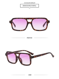 Detail view of double bridge pilot sunglasses with demi frame and purple gradient lenses