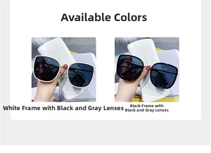Detail view of large frame sunglasses in white and black color options with metal decor