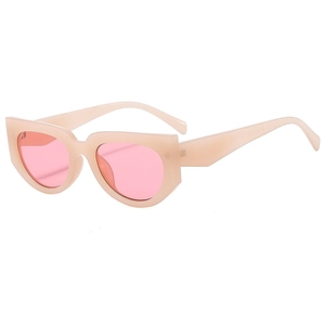 Retro oversized cat eye sunglasses with beige frames and pink lenses in a 45-degree view