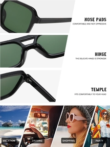 Detailed views of pilot sunglasses with durable hinges and lifestyle usage scenes