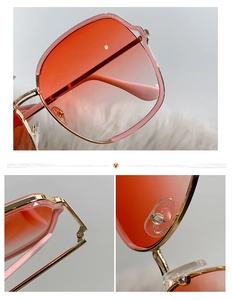 Détails des charnières métalliques et plaquettes en silicone de lunettes de soleil dégradées