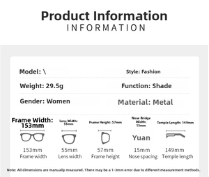 Detailed size guide and measurements for oversized metal fashion sunglasses for women