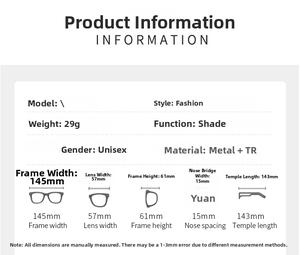 Guide des tailles détaillé pour lunettes de soleil en métal avec largeur de monture