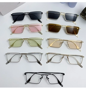 Detail view of colorful rectangular metal frame sunglasses displayed in multiple rows