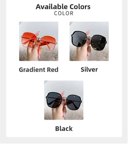 Détails de lunettes de soleil oversize en métal en dégradé rouge, argent et noir