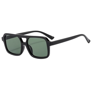 Retro square aviator sunglasses with black double bridge frame and dark green lenses