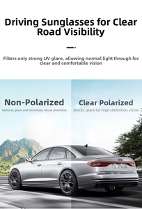 Visual comparison showing polarized sunglasses lens filtering glare for driving safety