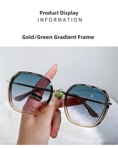 Detail of square gold metal frame sunglasses with gradient blue-green tinted lenses