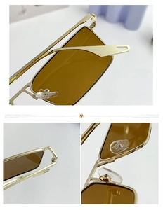 Close-up of golden metal frame hinges and adjustable nose pads on square sunglasses