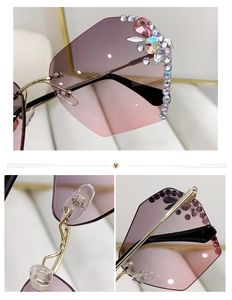 Détail de lunettes de soleil sans monture avec cristaux floraux et verres dégradés