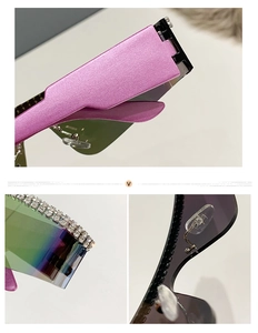 Détails de lunettes punk sans monture avec verres dégradés verts et strass brillants