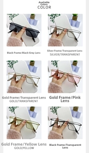 Collage of retro rectangular semi-rimless sunglasses in black, gold, and silver finishes