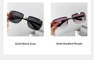 Detail of luxury rhinestone half-frame sunglasses in black-grey and gradient purple shades