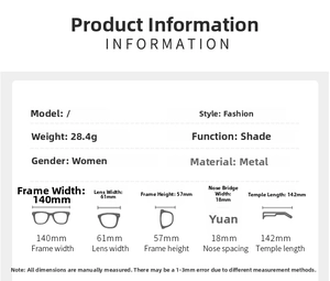 Guide des tailles détaillé pour lunettes de soleil en métal sans monture avec spécifications