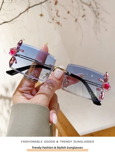 Detail of square gradient sunglasses with purple crystal flowers on the lens