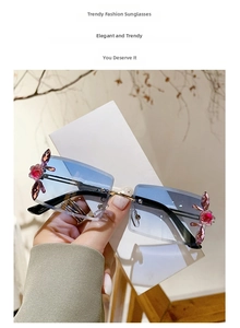 Detail of rimless square sunglasses with blue gradient lenses and crystal flower decor
