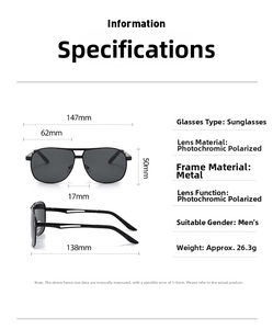 Detailed size specifications for double-bridge polarized aviator sunglasses with dimensions