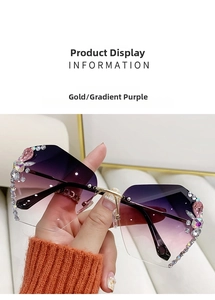 Détail de lunettes sans monture aux verres dégradés violets avec bordure en strass brillants