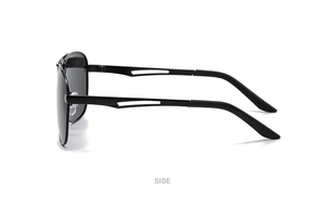 Side view of black aviator sunglasses showing detailed double-line hollow metal temples