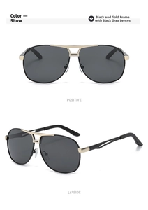 Front and 45-degree side view of classic black and gold aviator polarized sunglasses