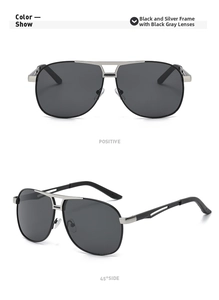 Front and 45-degree angle of pilot sunglasses with black-silver frame and gray lenses