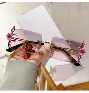 Macro detail of rectangle rimless sunglasses with pink gradient lens and floral rhinestones