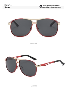 Front and 45-degree side views of retro double-bridge aviator sunglasses with red-gold frame