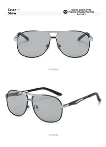 Detail view showing black-silver frame aviator sunglasses with photochromic grey lenses