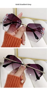 Détails des lunettes de soleil géométriques sans monture avec verres dégradés et strass