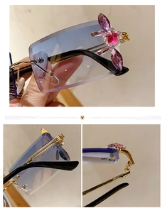 Detail of square gradient lenses with butterfly crystal rhinestones and gold metal frame
