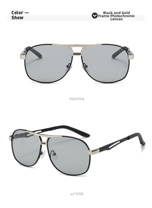 Front and 45-degree side views of black gold aviator sunglasses with photochromic lenses