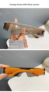 Détails de lunettes punk avec monture orange, strass et verres miroirs argentés